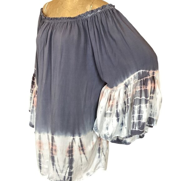 BLACK BEAD Tie Dye Off Shoulder BOHO Bell Sleeve Tunic Top/Mini Sz S #312L - Picture 4 of 7